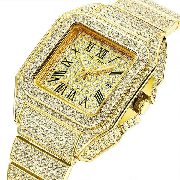 Gosasa Fashion Hip Hop Men's Crystal Watch Bling Bling Watch Rectangle Case Stainless Steel Quartz Analog Bracelet Wristwatch